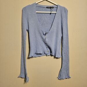 Nasty Gal Cropped Baby Blue Button Up Ruffle Lettuce Hem Cardigan Size 2